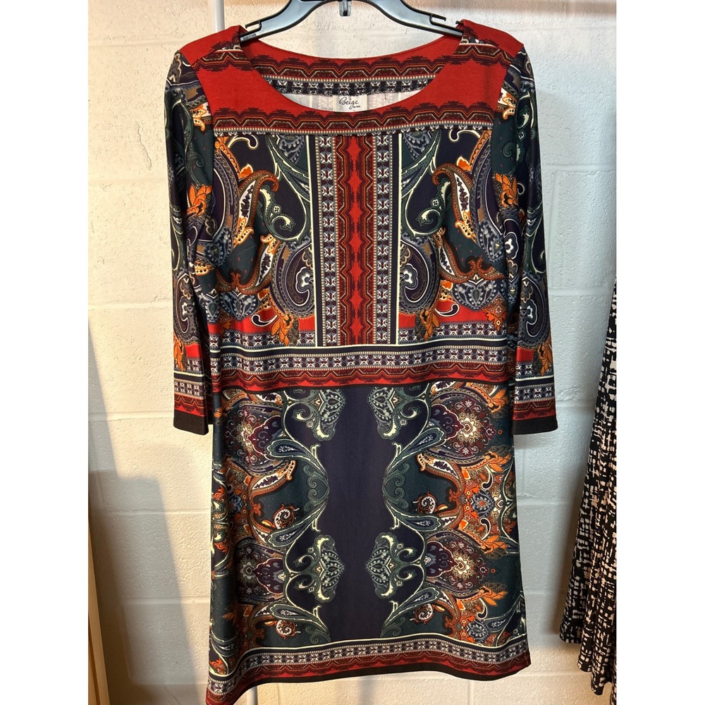 Beige by ECI Womens Paisley Print Sheath Dress Red Navy 3/4 Sleeve Size 8